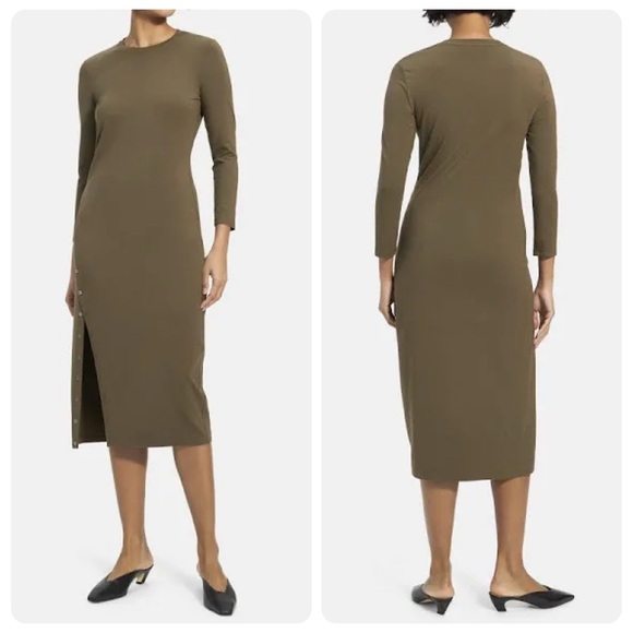 Theory Olive Long Sleeve Button Front Perry Dress M - Picture 1 of 7